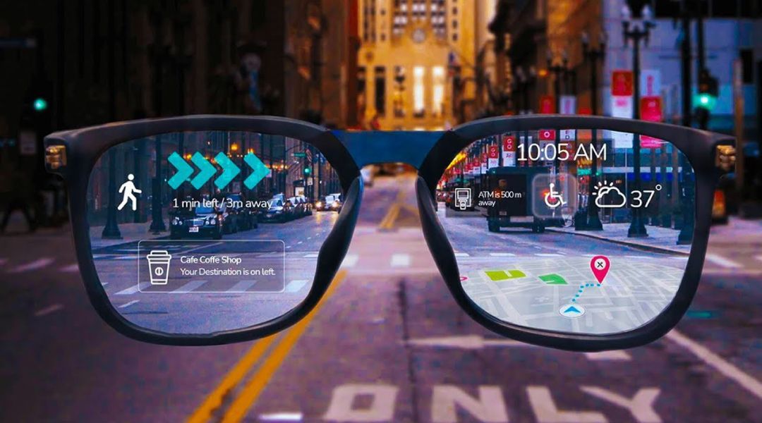 Smart glasses with maps and other internet information showing in the lenses.