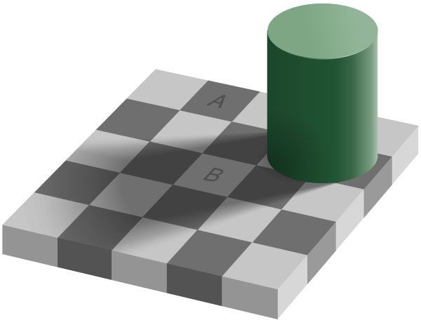 An example of the  checker shadow illusion with a green cylinder is sitting on top of a checkered board