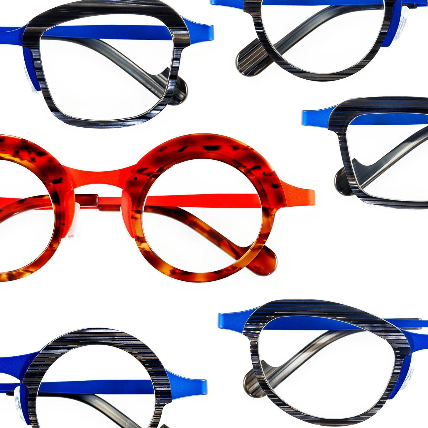Several Theo frames in red, black and blue colors