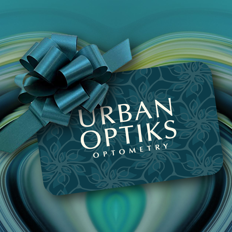 Urban Optiks gift card with a teal  bow in the left corner on swirl background