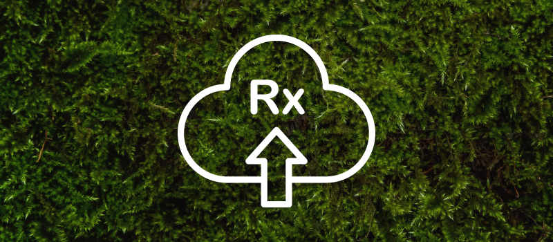 A line drawing of a cloud with the word rx on it and an arrow pointing up on a green moss background.