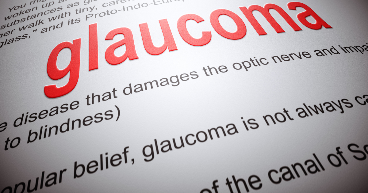 The word glaucoma in a large font on a piece of paper with other writing