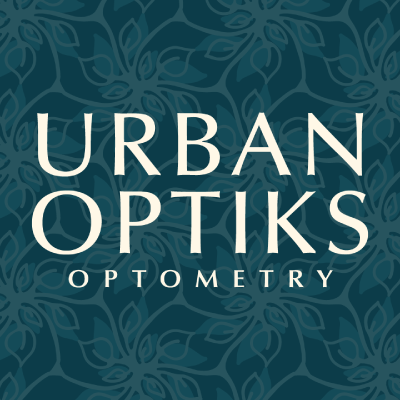 A logo for Urban Optiks Optometry on a blue floral background