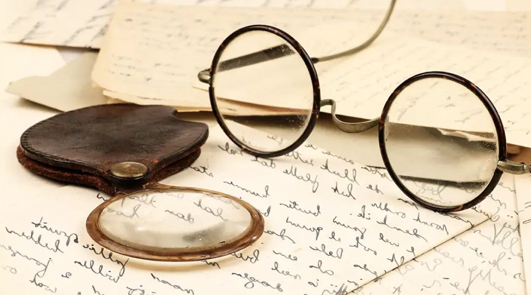 A pair of vintage glasses and magnifying glass sitting on top of a handwritten letter.  