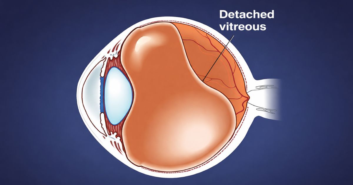Cross-section of an eye showing detached vitreous, indicated by a large orange area in the eye.