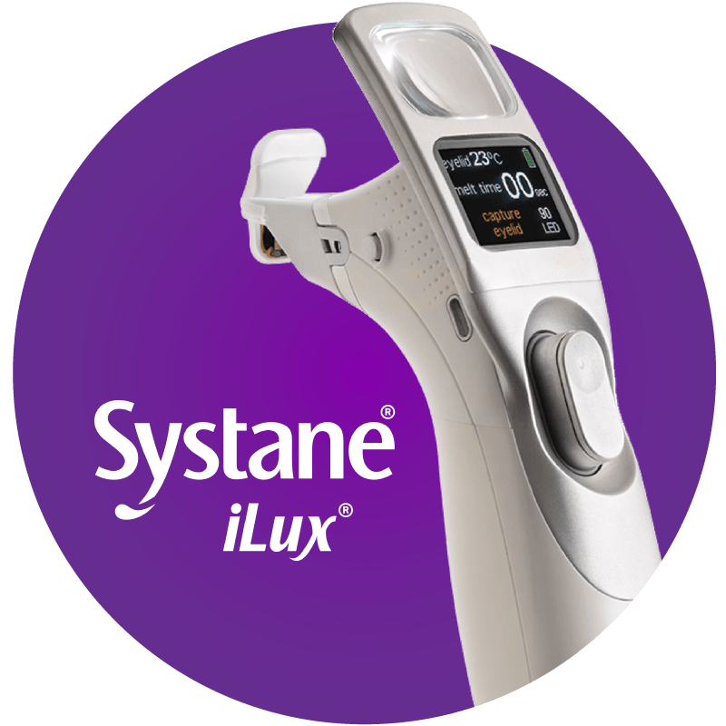 Systane iLUX logo and treatment device on a purple background