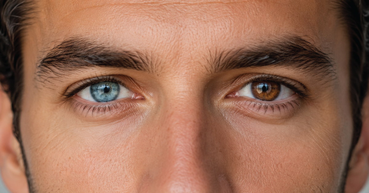 Close-up of a face with one blue eye and one brown eye, showing heterochromia