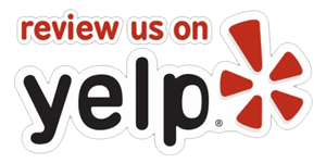 A yelp logo that says review us on yelp