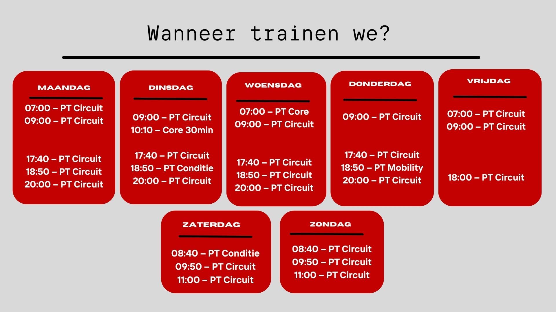 uitgebreid rooster, veel trainingsmomenten, flexibel te gebruiken, online boeken, routine opbouwen, aangepast rooster