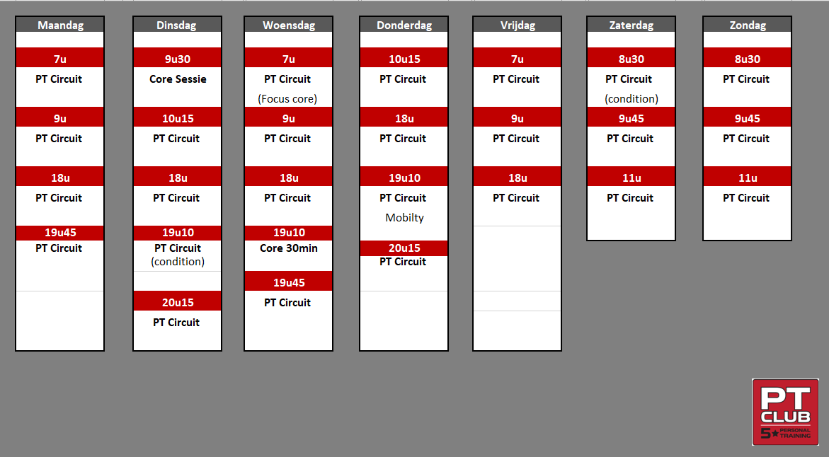 uitgebreid rooster, veel trainingsmomenten, flexibel te gebruiken, online boeken, routine opbouwen, aangepast rooster 