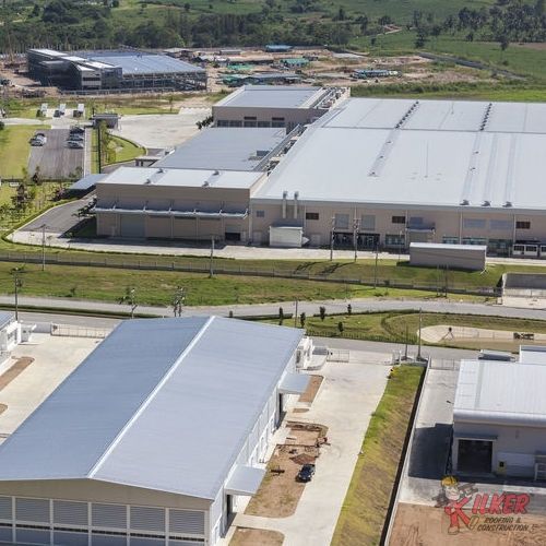 An aerial view of a large industrial area with lots of buildings