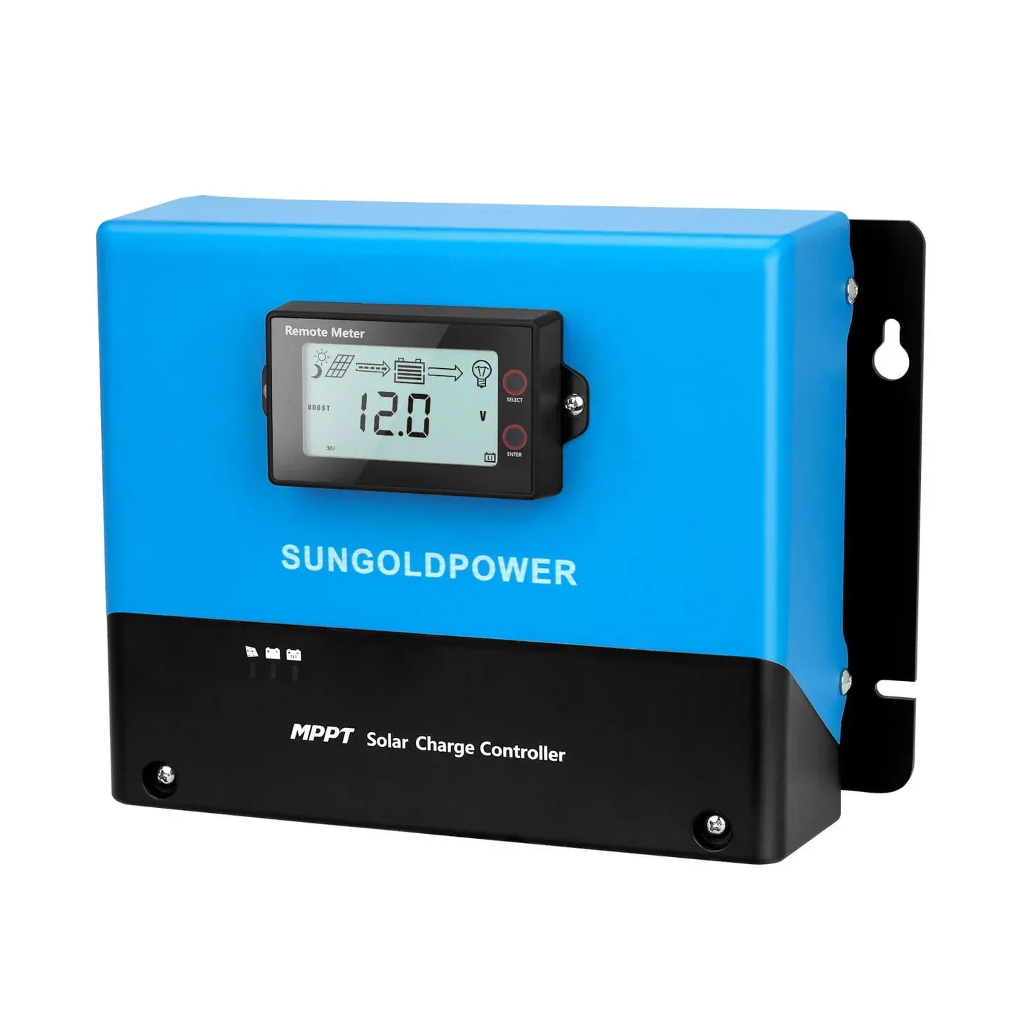 Blue and black SUNGOLDPOWER MPPT solar charge controller with LCD display