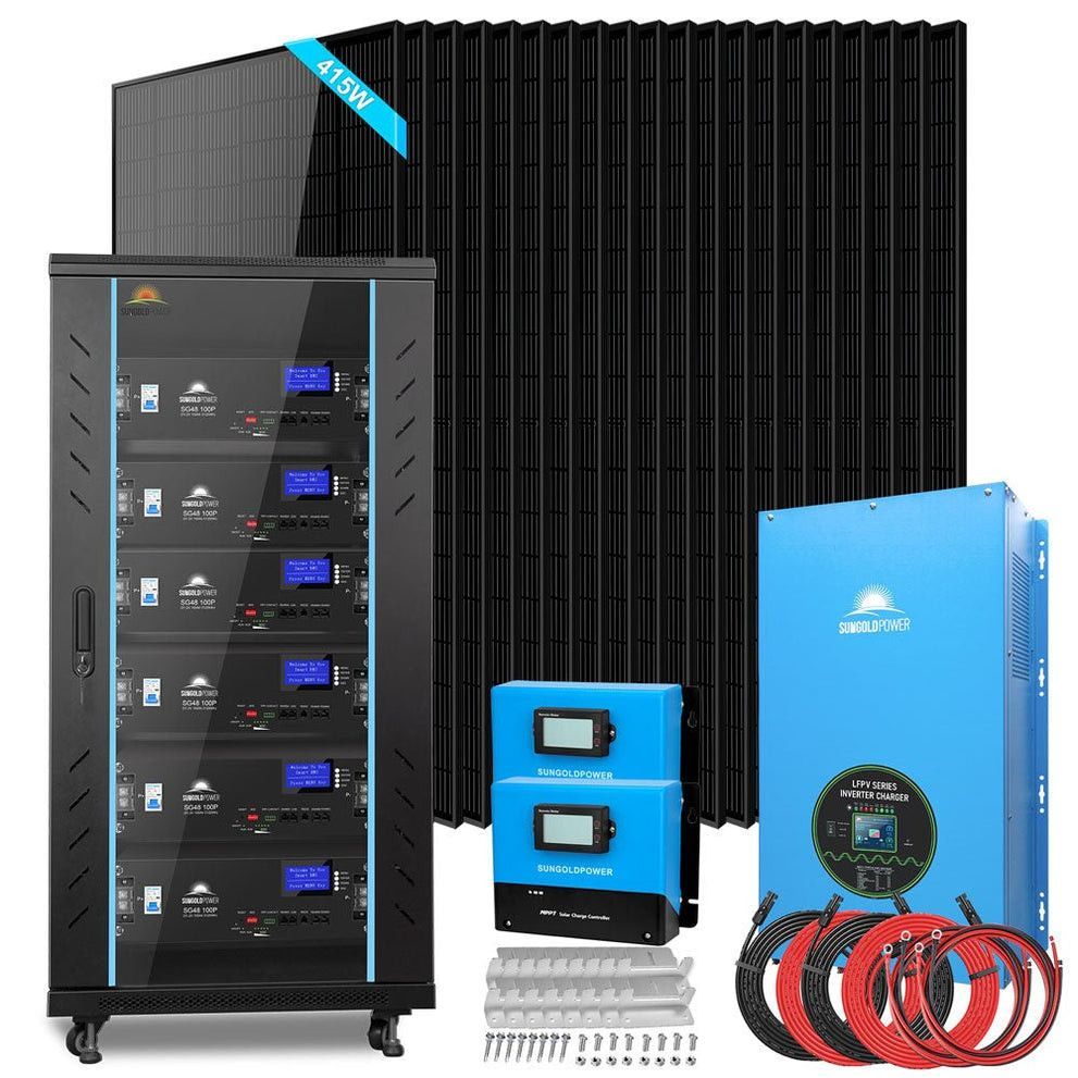 Solar inverter and battery storage system with black cabinet, blue units, and cables on white background