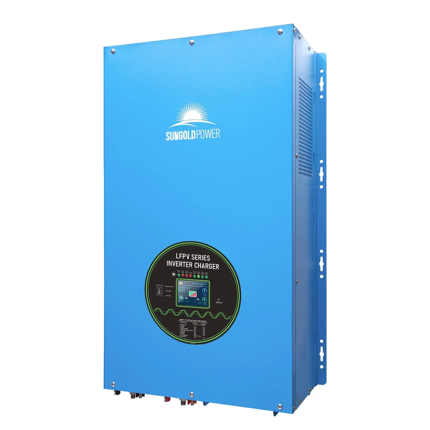 Blue metal cabinet or industrial equipment unit with a round front display panel.
