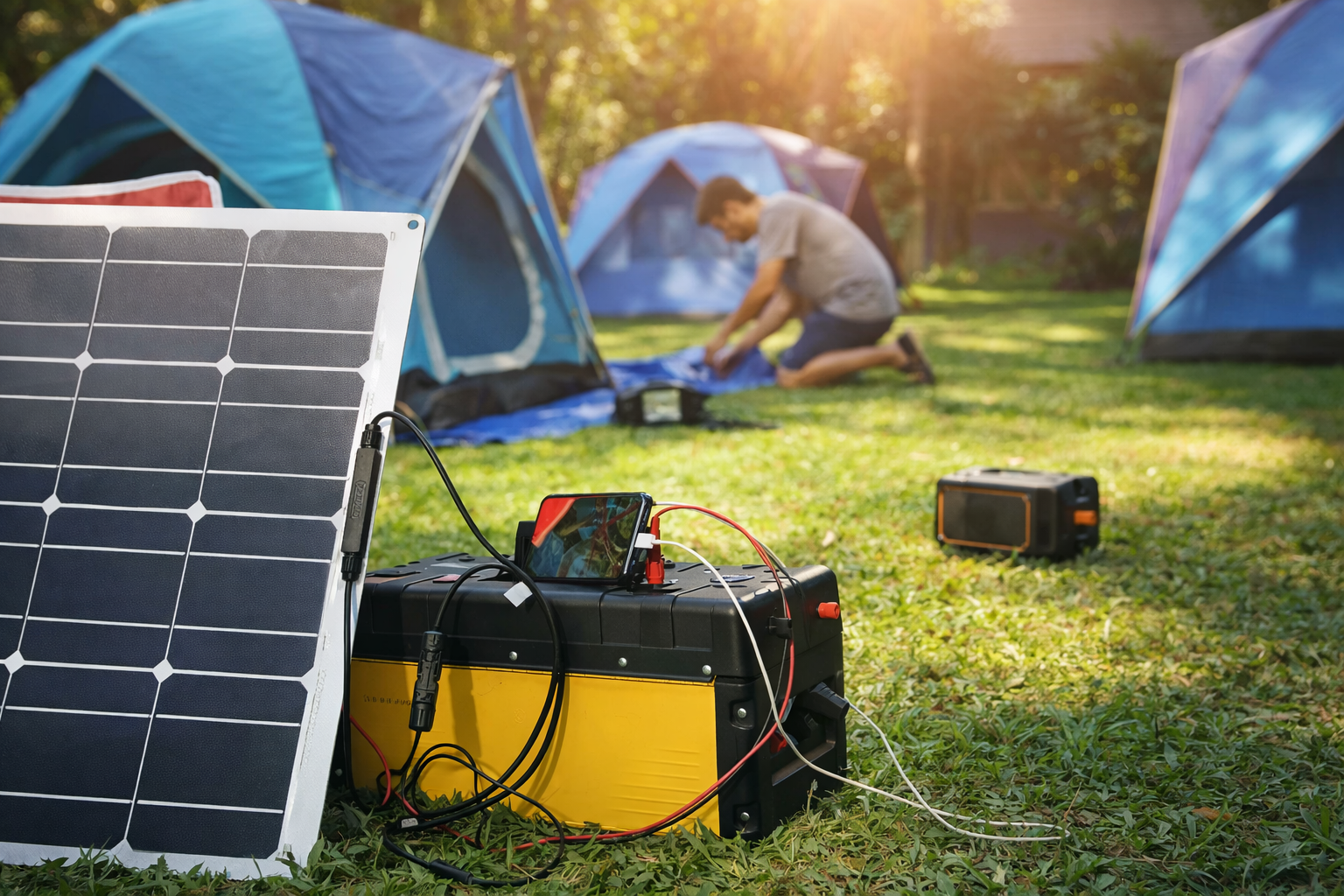 A solar panel charges a battery pack at a campsite, with tents and a person working on equipment in the background.
