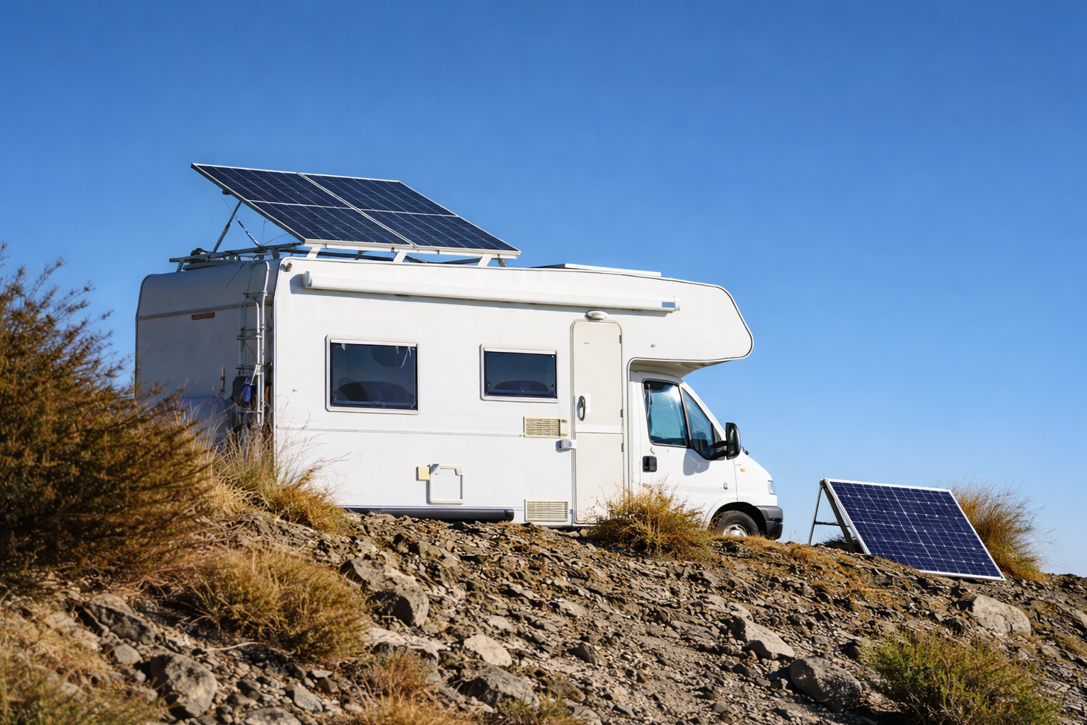 A white recreational vehicle parked on a rocky hill with solar panels mounted on the roof and one on the ground.