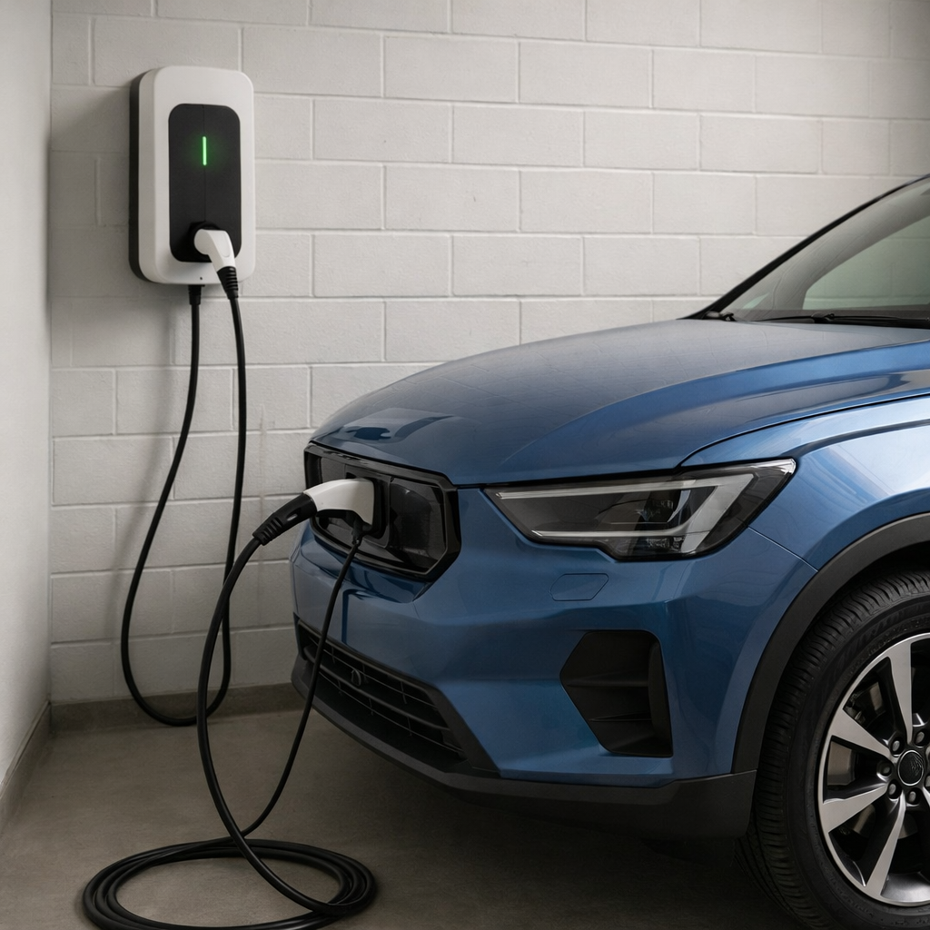 A blue electric SUV charging in a garage, connected to a wall-mounted white charger with a glowing green light.
