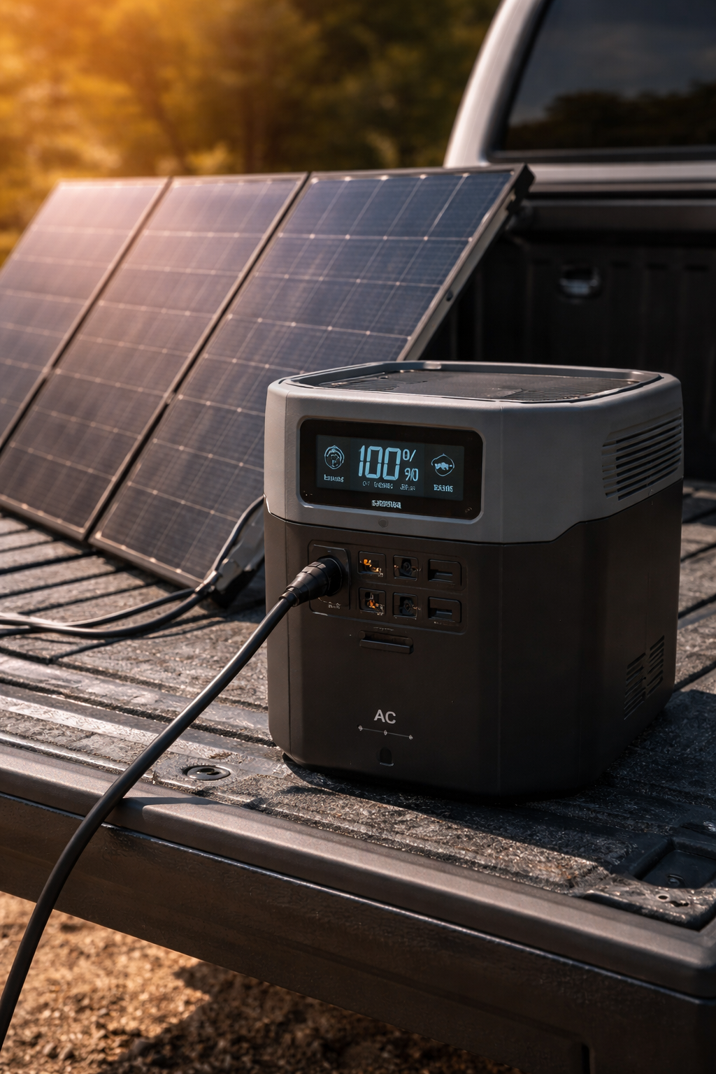 A portable power station sits in a pickup truck bed, connected to a solar panel charger during a sunny day.