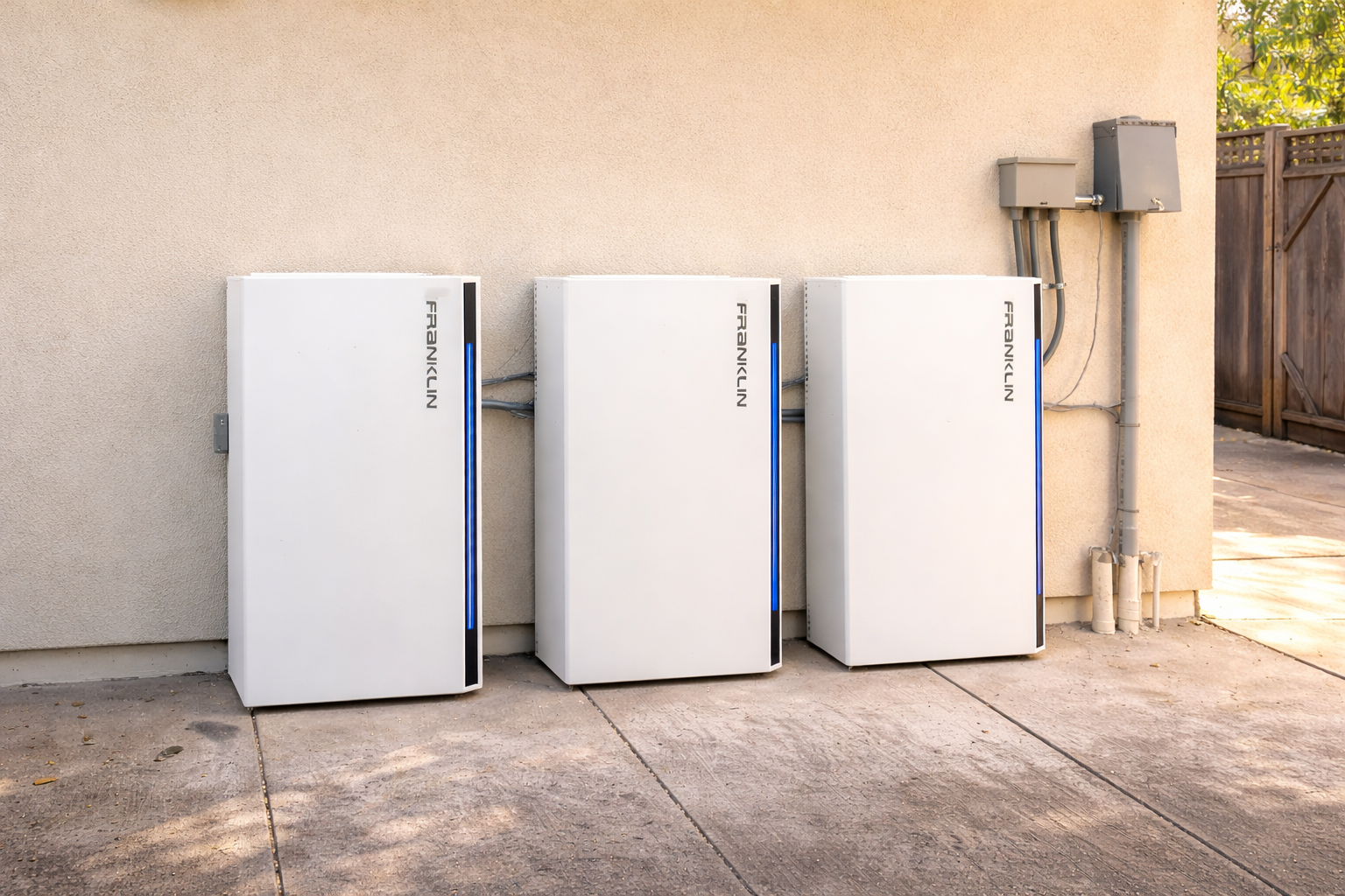 Three white Franklin Home Power battery units installed side-by-side on an exterior beige wall with electrical conduits.