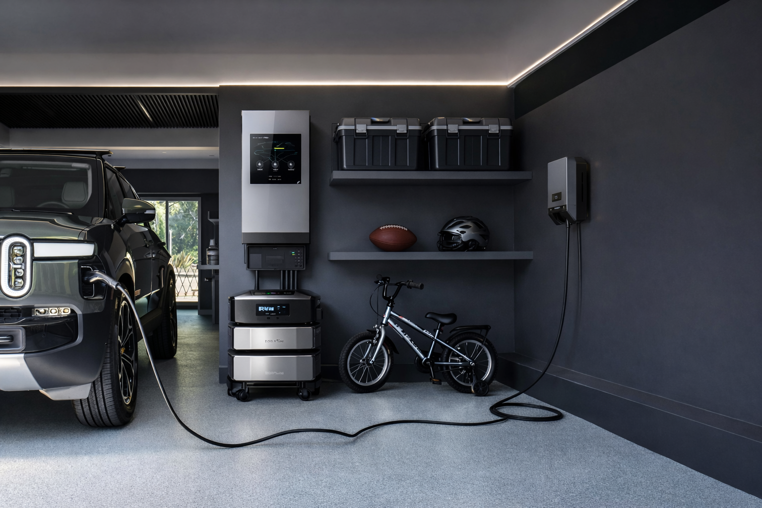 A Rivian truck charging in a modern garage with a modular battery storage system, wall-mounted charger, and bike.