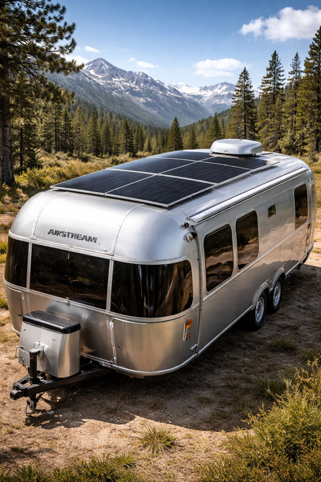A silver Airstream travel trailer parked on a dirt path in a forest with snow-capped mountains in the background.