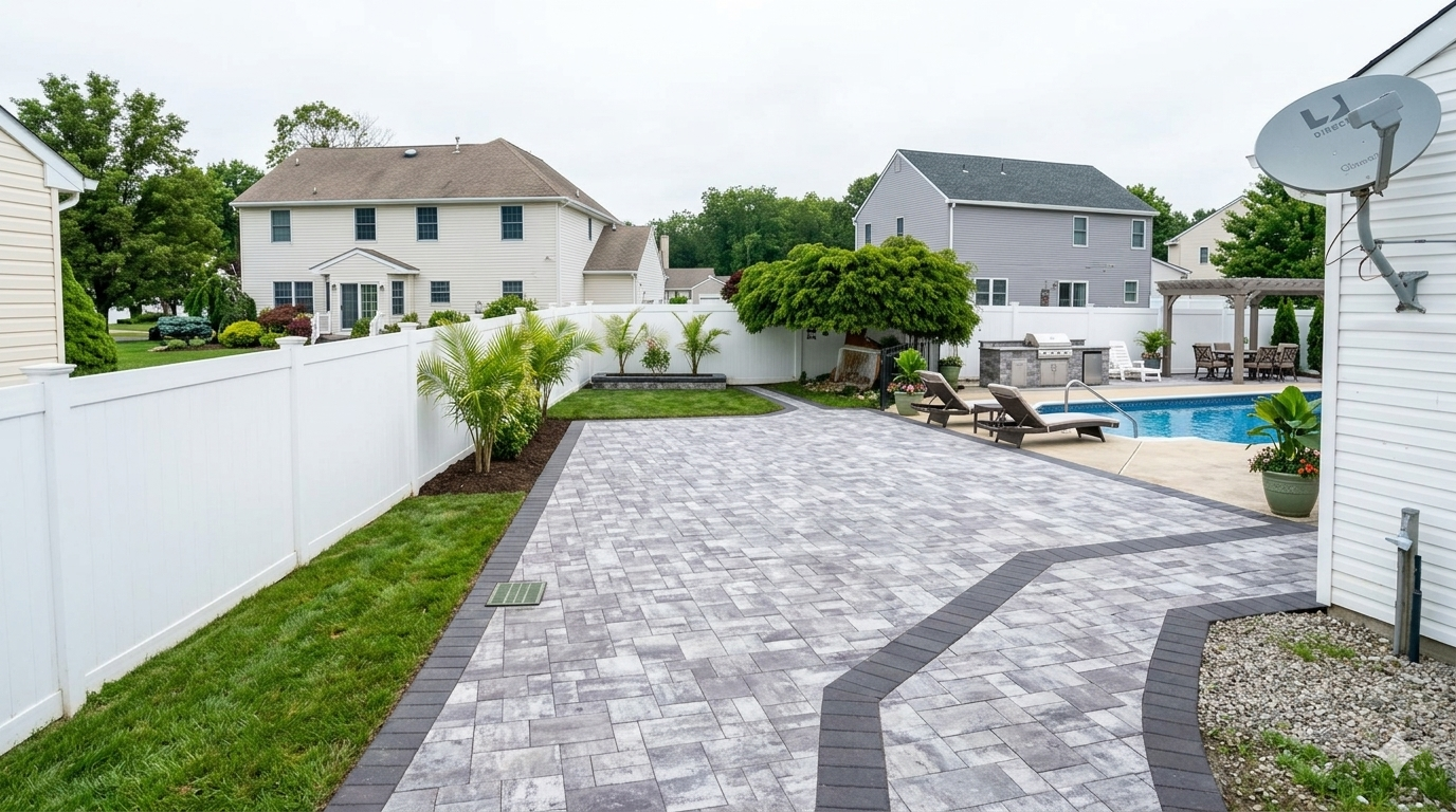Manalapan Landscape Company. Backyard with white fence, stone patio, and swimming pool beside two suburban houses