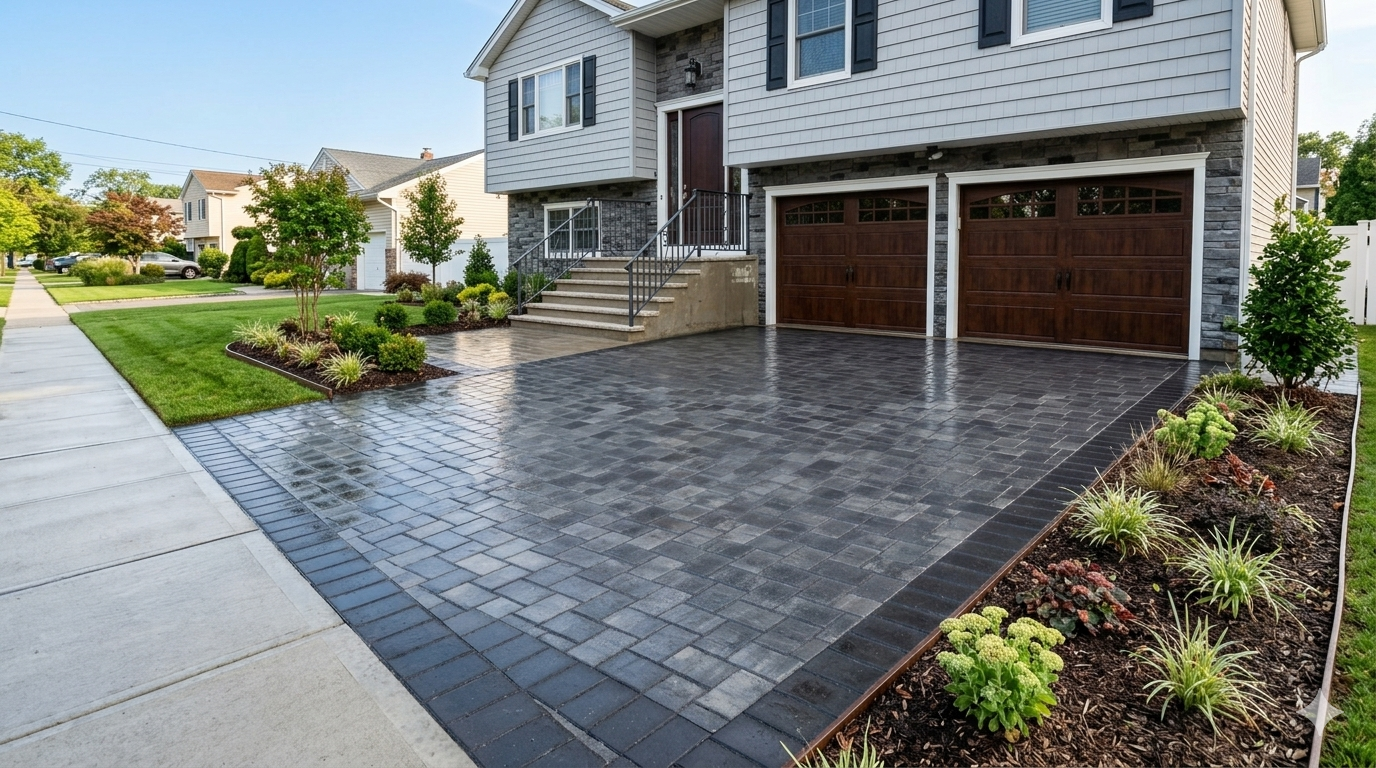 Colts Neck local landscaper. Modern house with a dark paver driveway, two-car garage, and landscaped front yard