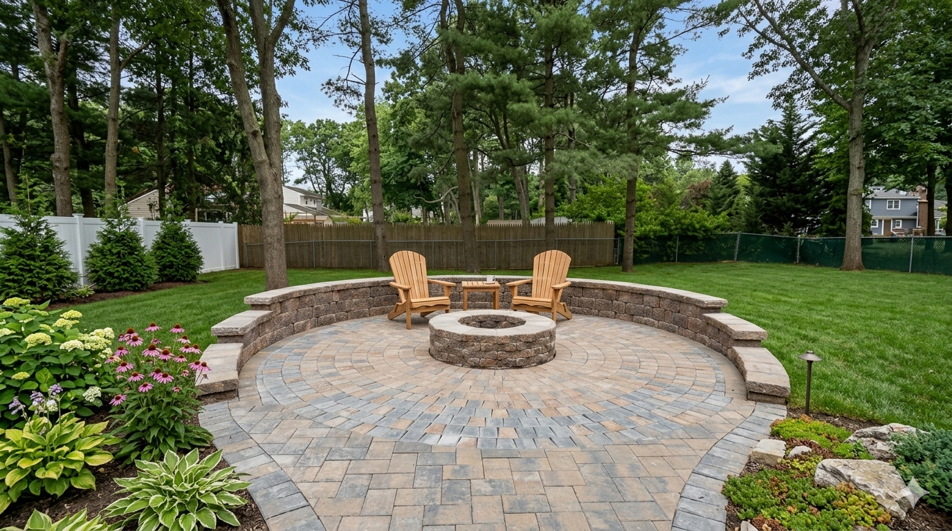 Local Landscape Construction in Jackson NJ. Stone fire pit patio with two wooden chairs, surrounded by trees and green lawn.
