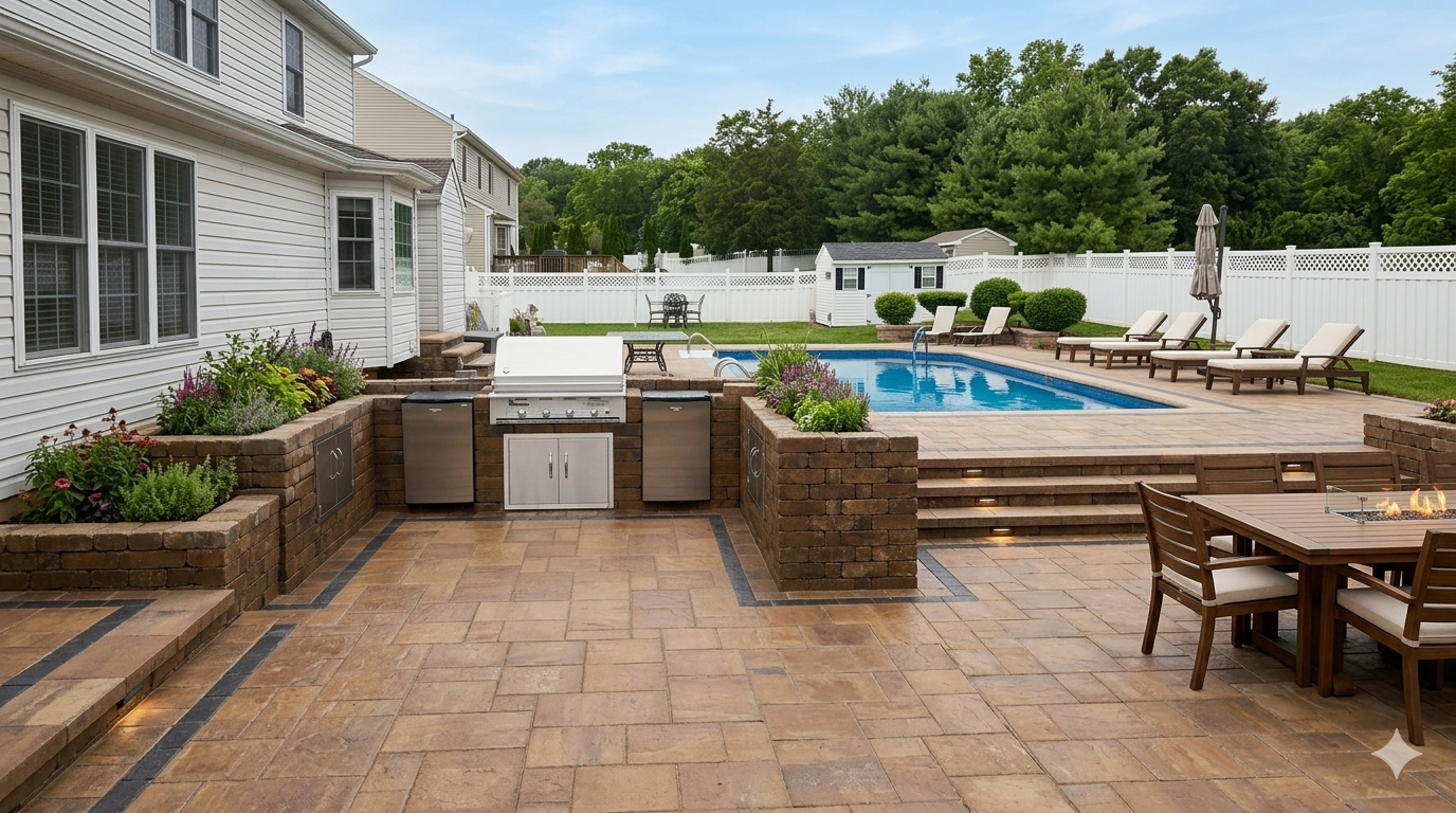 Colts Neck NJ Paver Patio with outdoor kitchen, brick pavers, pool, and lounge chairs beside a white house
