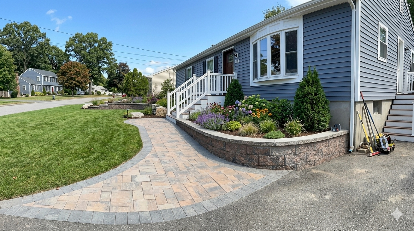Paving Company in Barnegat NJ. Blue house with stone walkway, curved flower bed, and green lawn on a sunny day