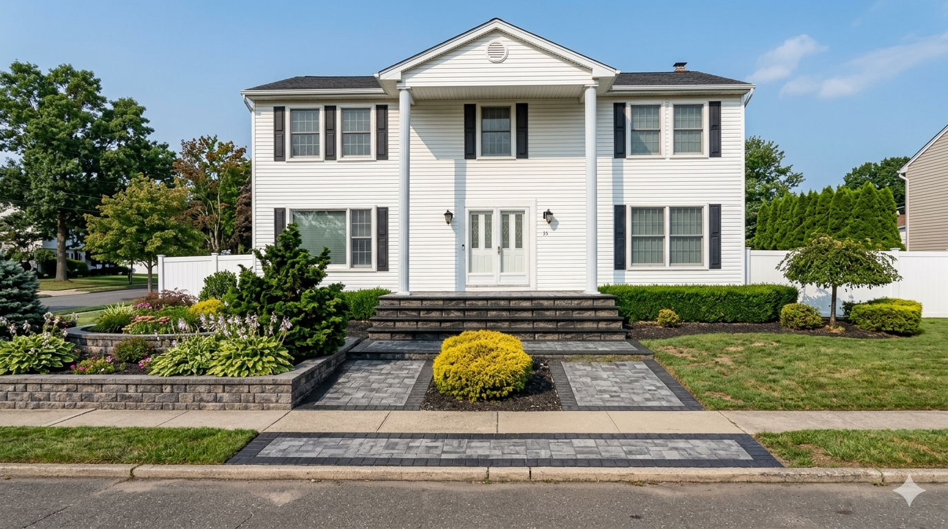 Landscape Company In Lacey Twp NJ. Front view of a white two-story house with a landscaped yard and stone walkway