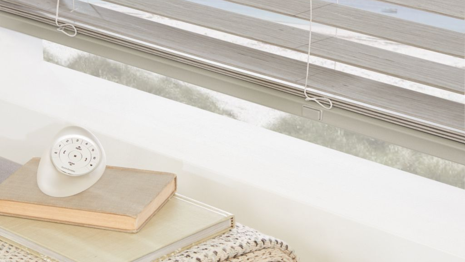 Hunter Douglas Pebble® Remote for PowerView® Automation on a stack of books by a window with blinds