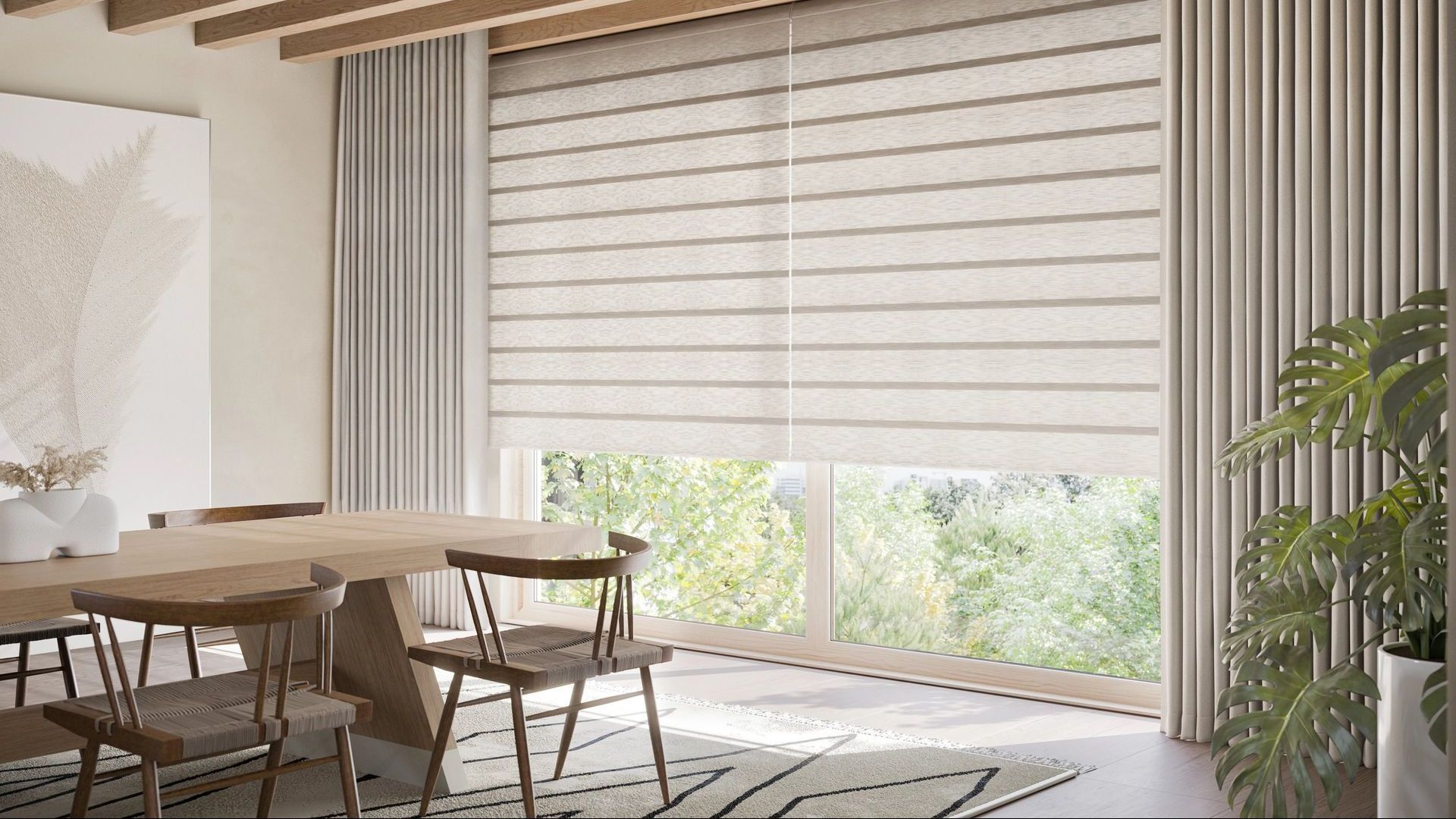 Hunter Douglas Vignette® Roman Shades in organic modern dining room with monstera plant