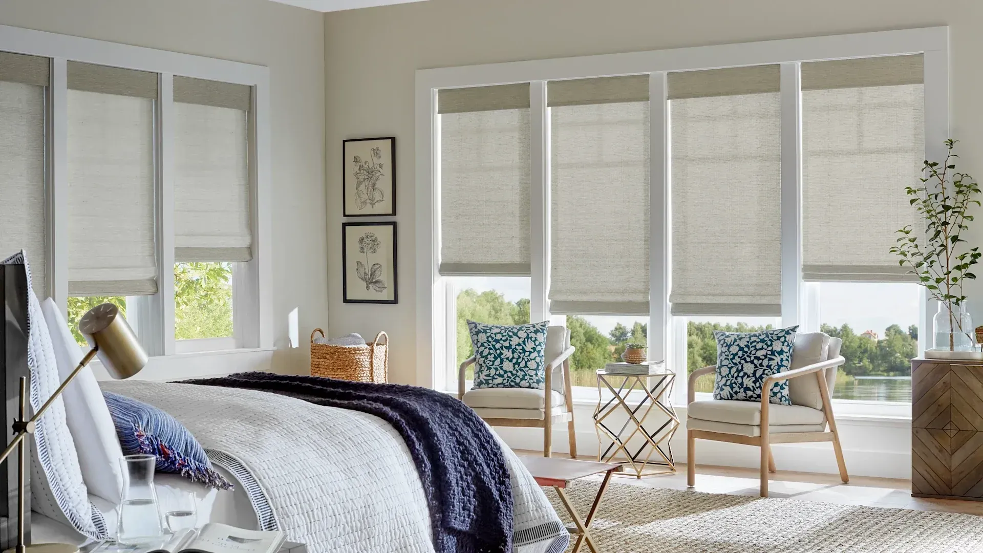 Alta Natural Woven Shades in beige bedroom with gold and blue accent decor