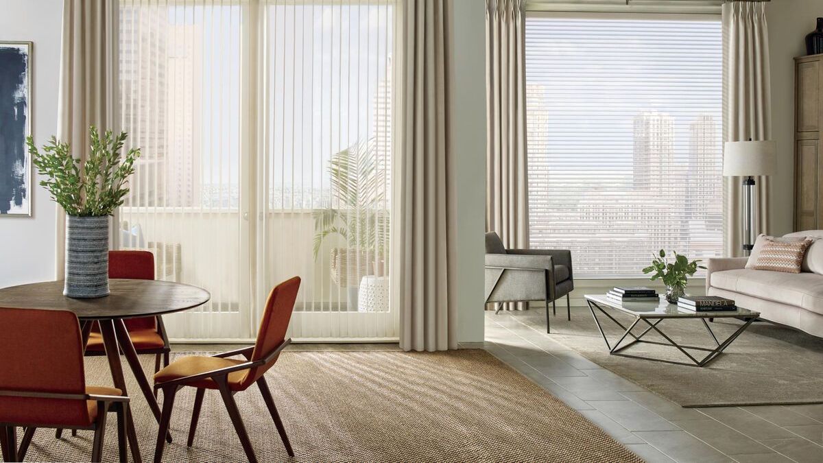 Hunter Douglas Silhouette® Sheer Shades in living room looking over city skyline
