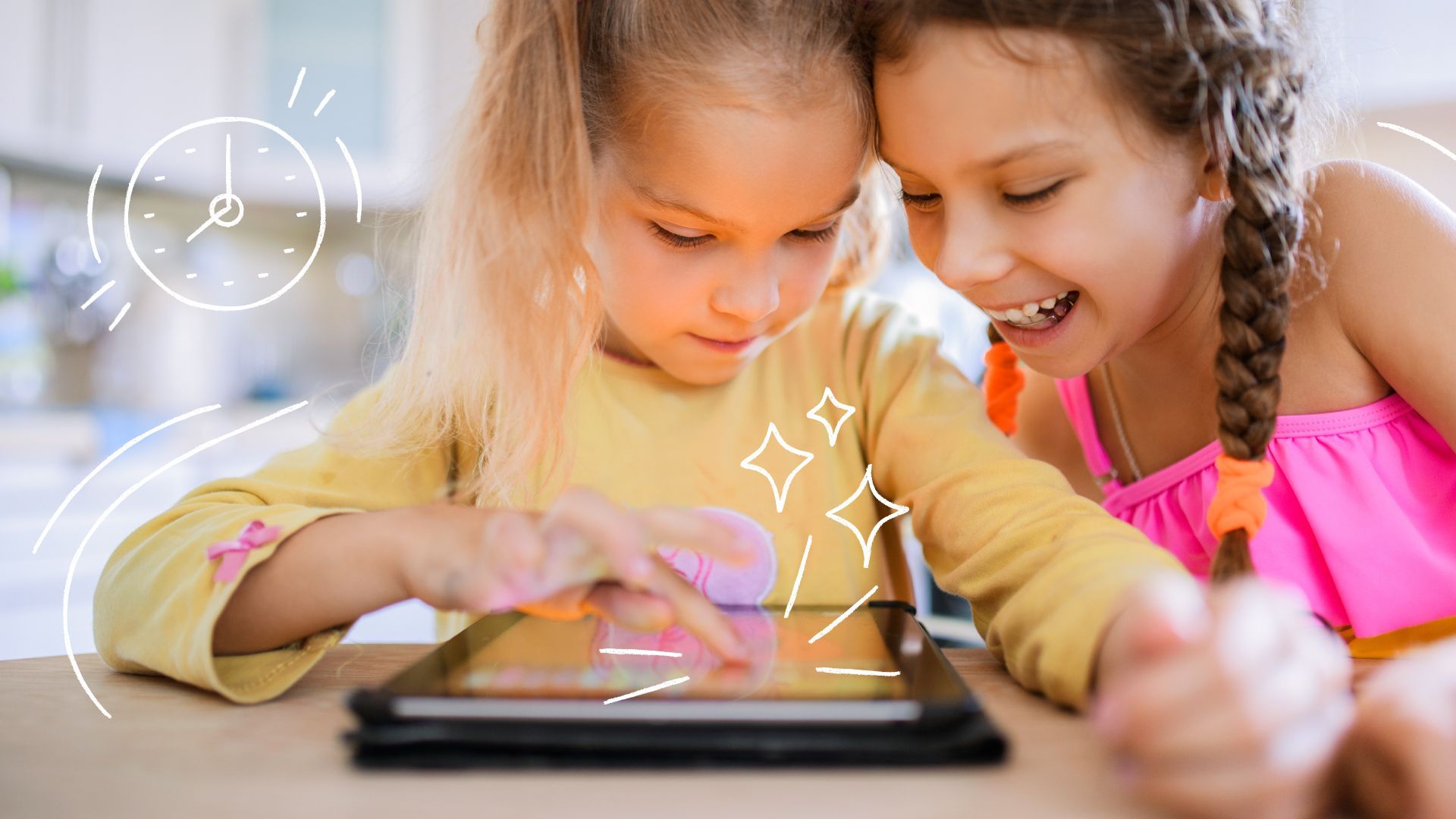 Two girls looking at a tablet, one touching the screen. The setting appears to be indoors.