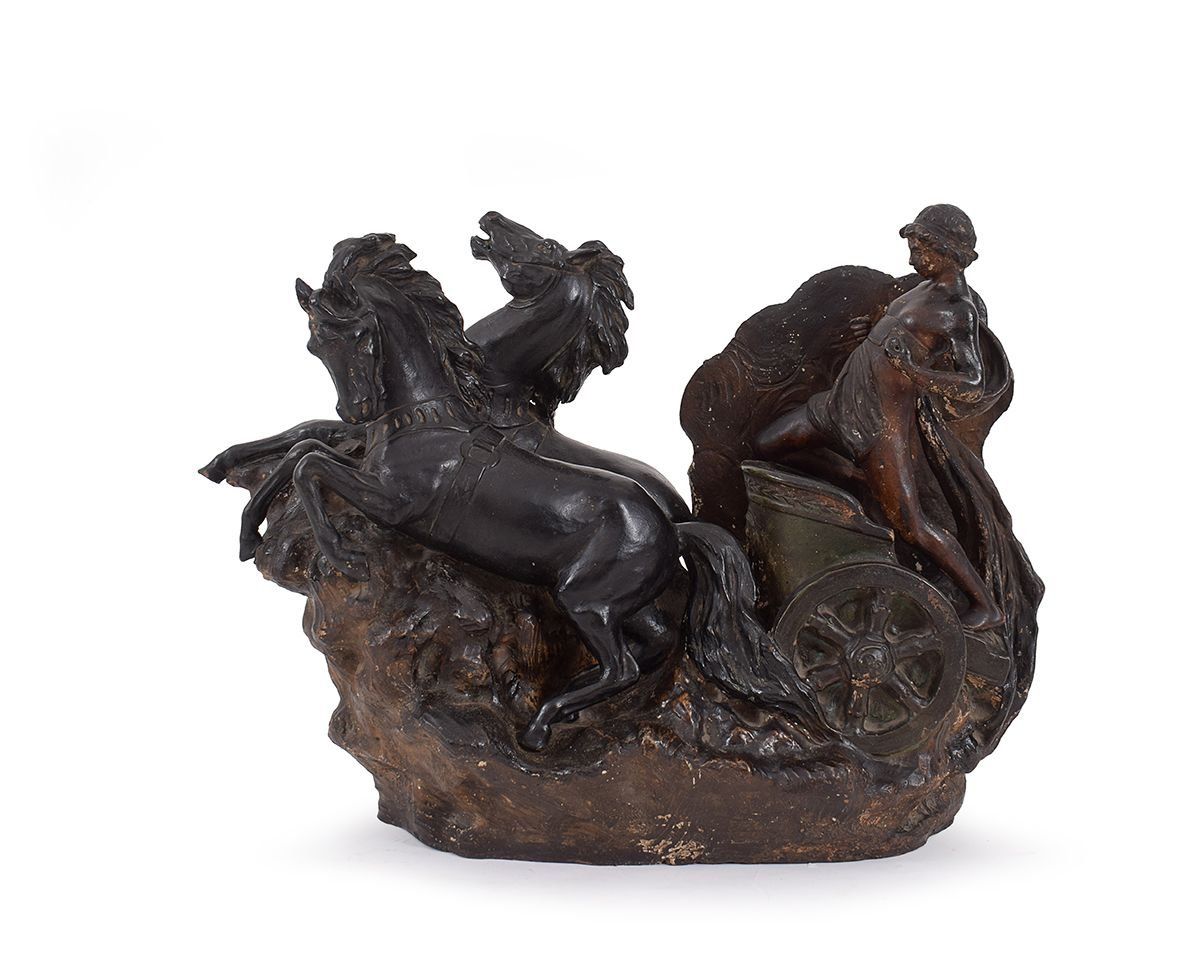 Gruppo in terracotta patinata a bronzo raffigurante il carro di Apollo. XIX secolo