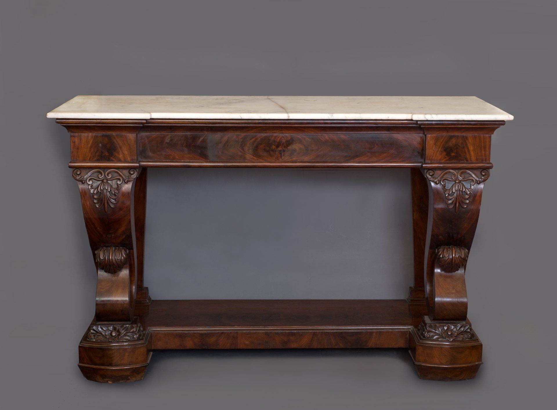 Consolle in piuma di mogano con marmo bianco