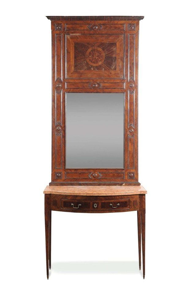 Consolle Luigi XVI con specchiera lastronata in ebano viola e intarsiata a motivi geometrici