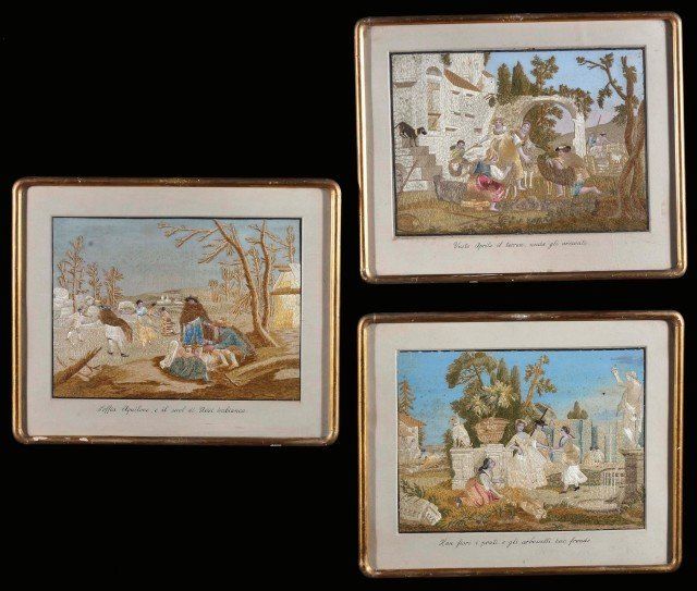 Cinque importanti dipinti su carta di riso con abiti, architetture e alberi ricamati in seta: