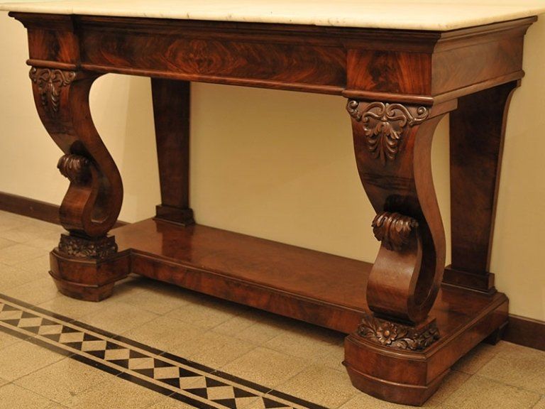 Consolle in piuma di mogano con marmo bianco statuario