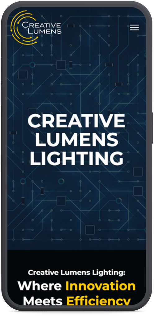 Creative Lumens Lighting website on a smartphone screen, with text