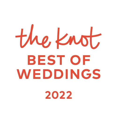 Red logo for The Knot Best of Weddings 2022 award. Text is white on a red background.