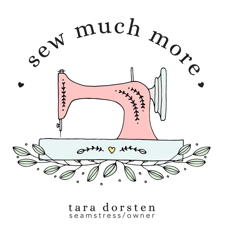 Logo: Pink sewing machine, floral design,