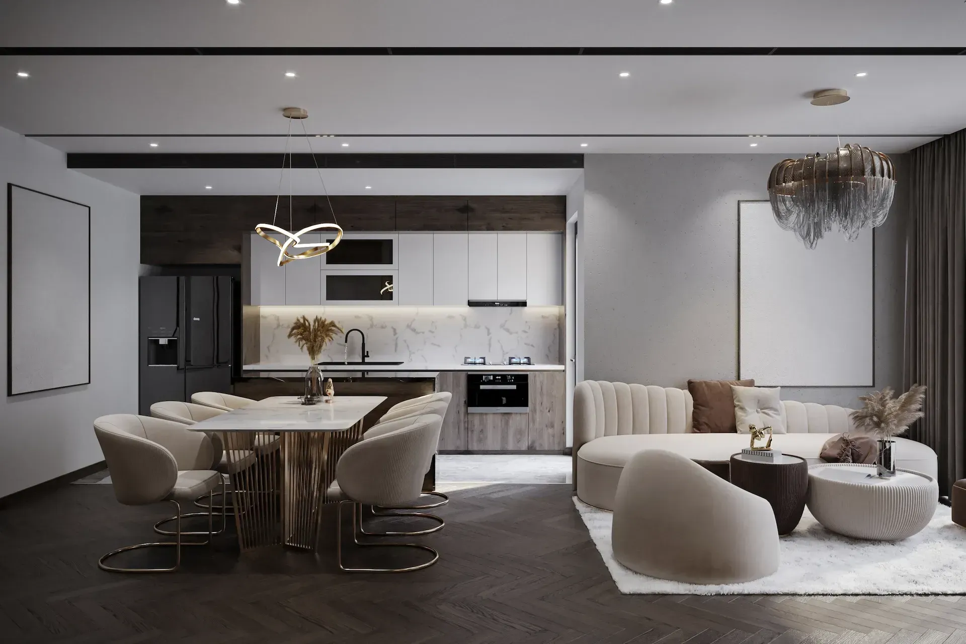 Modern open-plan living space with kitchen, dining, and living areas in neutral tones.
