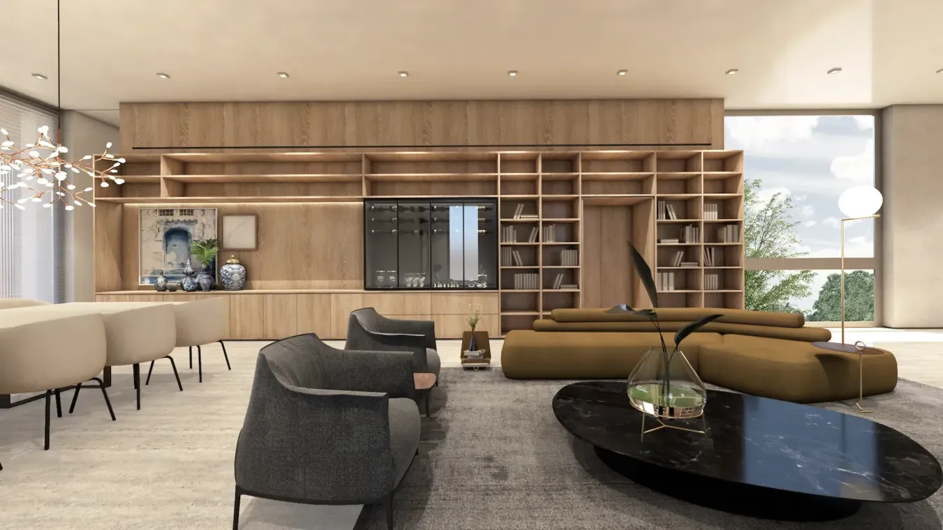 Spacious modern living room with wood paneling, mustard sofa, black coffee table, and large windows.