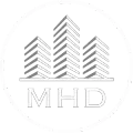 Logo of three buildings, with "MHD" underneath in outlined letters.