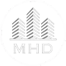 Logo of three buildings, with "MHD" underneath in outlined letters.