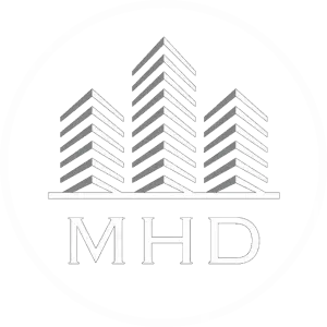 Logo of three buildings, with "MHD" underneath in outlined letters.