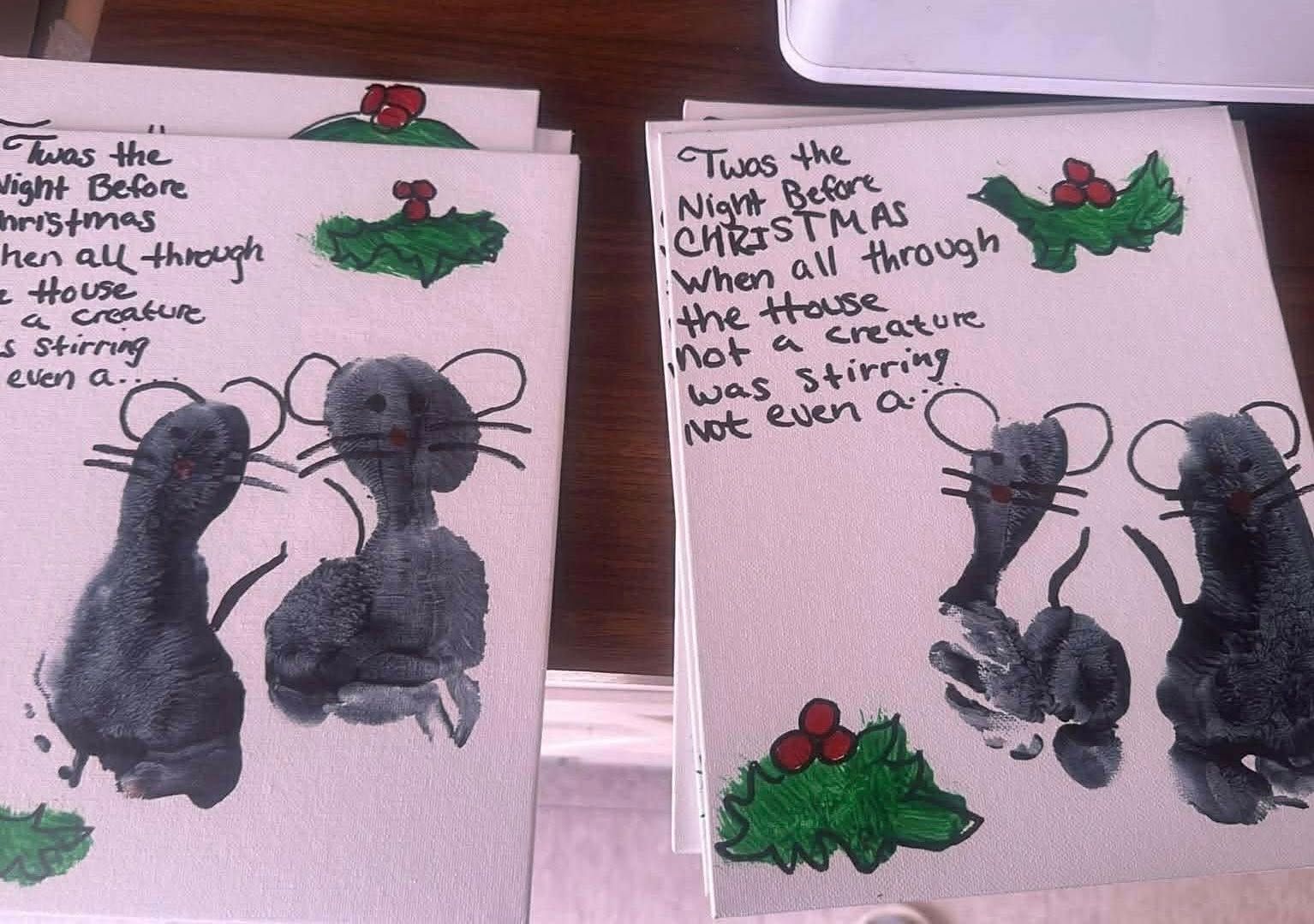 Handmade Christmas cards featuring painted mouse footprints and poem. Green holly accents.